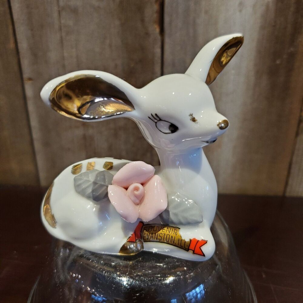 Handpainted Porcelain Deer Fawn Figurine White Gold Rose Vintage Chase Japan MCM